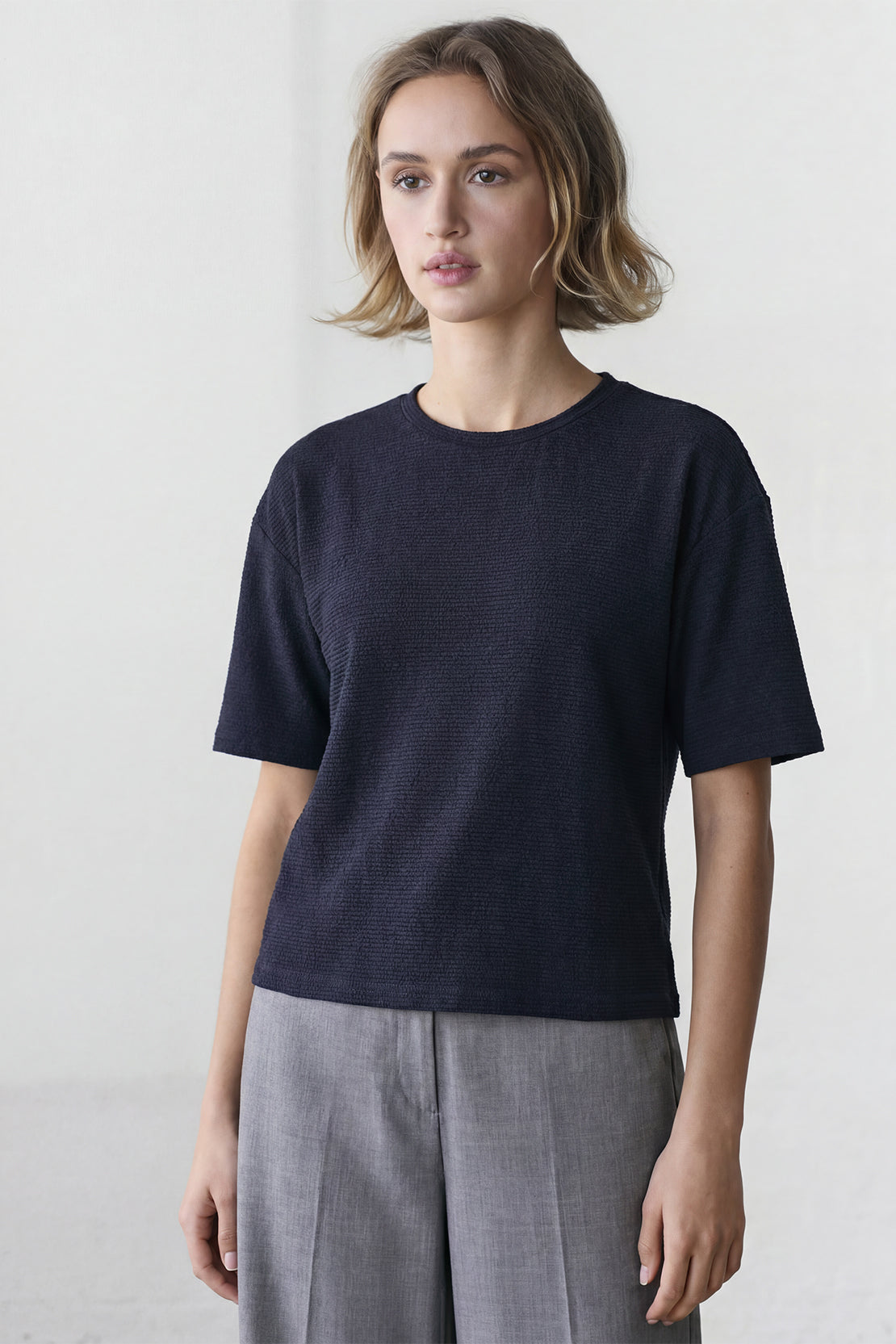 KOKO Textured Knit Boxy Fit Crew Neck Tee – Navy