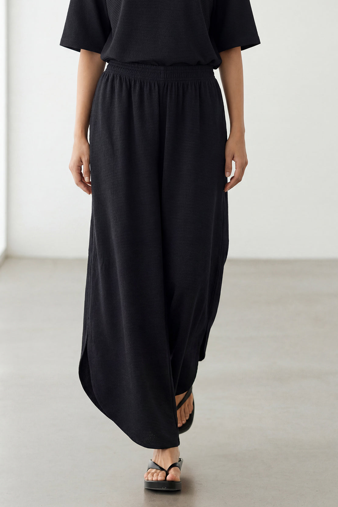 KOKO Textured Knit Wide Leg Bottom with Side Slit – Black