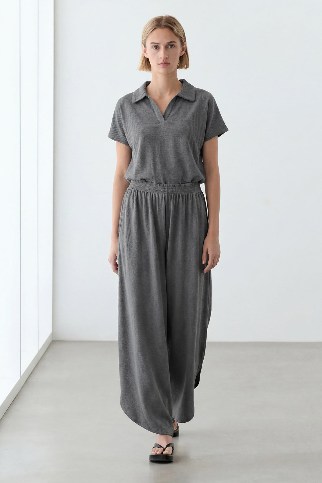 KOKO Textured Knit Wide Leg Bottom with Side Slit – Dark Grey