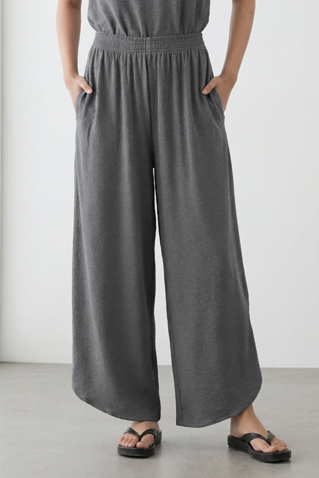 KOKO Textured Knit Wide Leg Bottom with Side Slit – Dark Grey