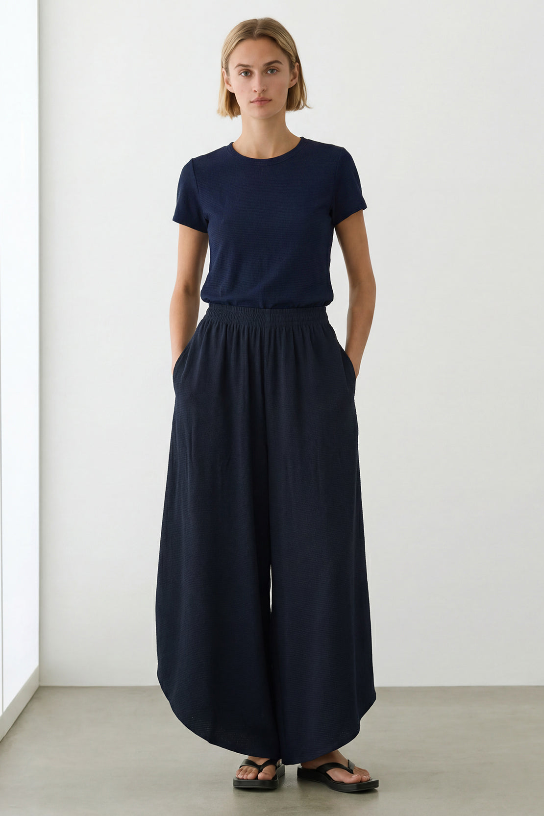 KOKO Textured Knit Wide Leg Bottom with Side Slit – Dark Navy
