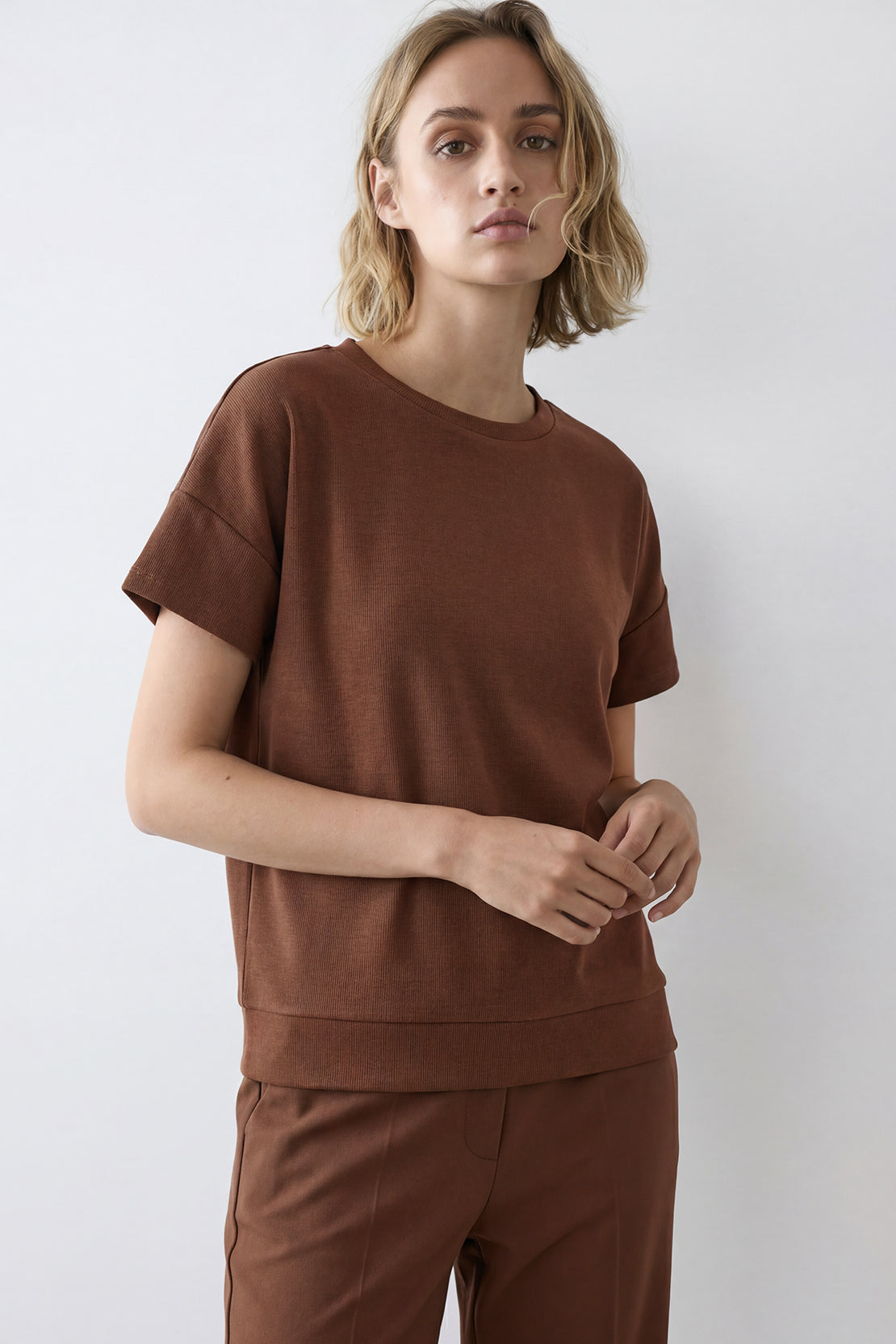 KOKO Sheen Modal Relaxed Crew Neck Top – Taupe