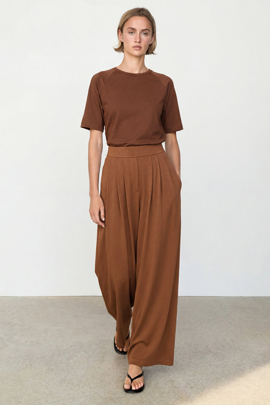 KOKO Modal Blend Pleated Wide-Leg Pants – Brown
