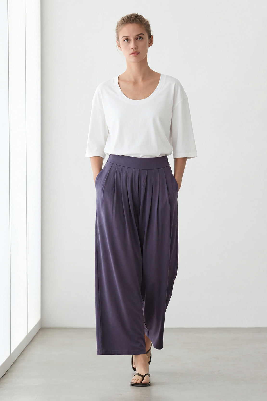 KOKO Modal Blend Pleated Wide-Leg Pants – Grey