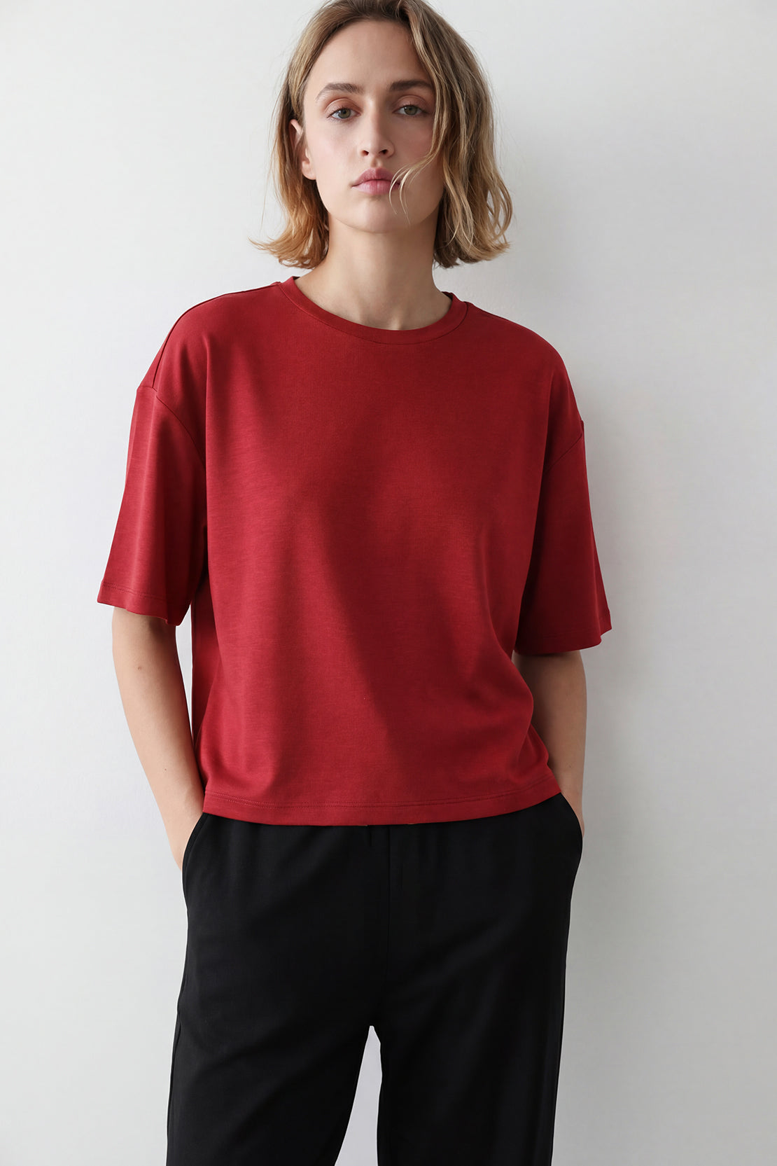 KOKO Modal Blend Relaxed Crew Neck Top – Red