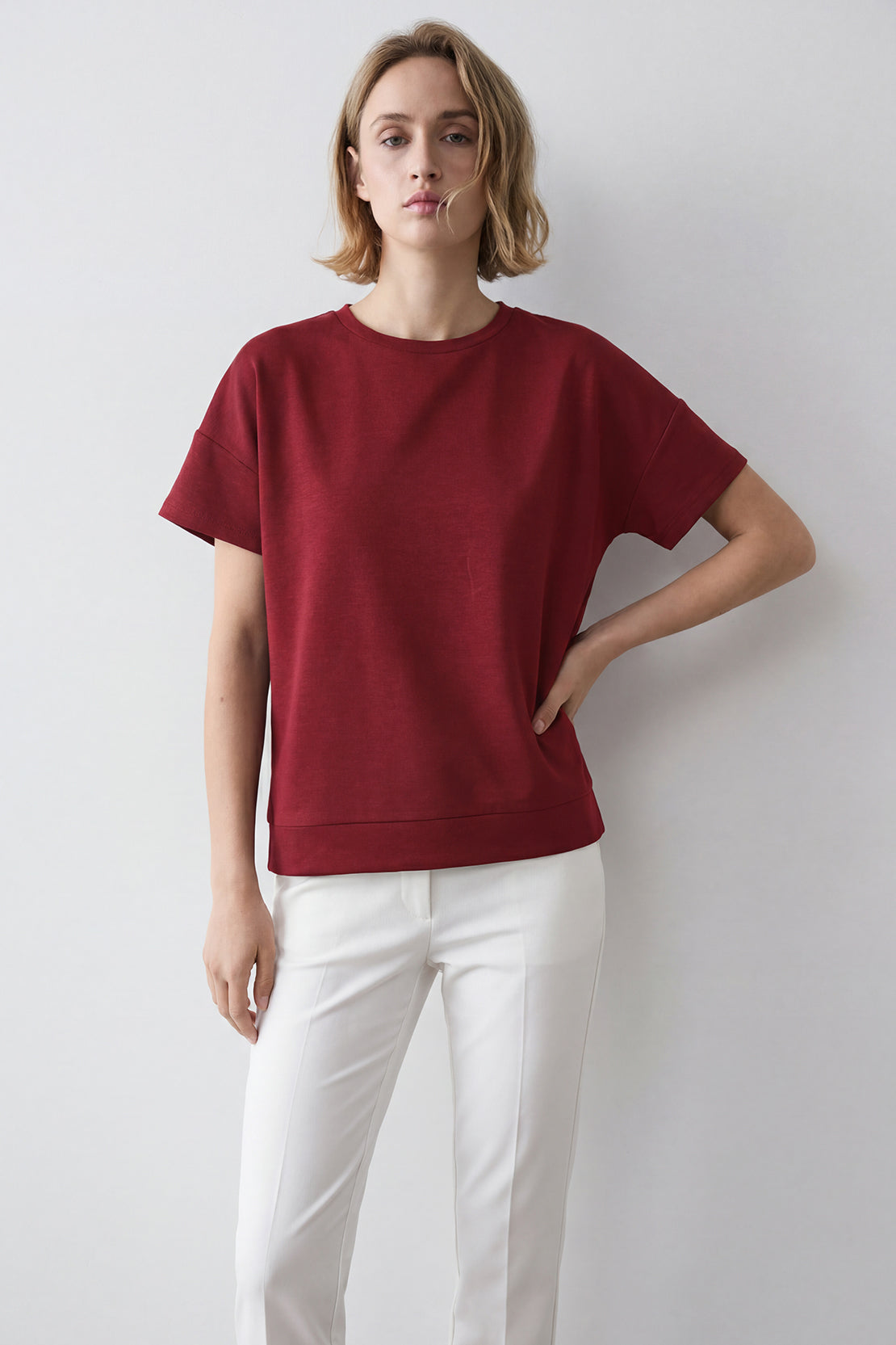 KOKO Modal Blend Relaxed Crew Neck Top – Maroon