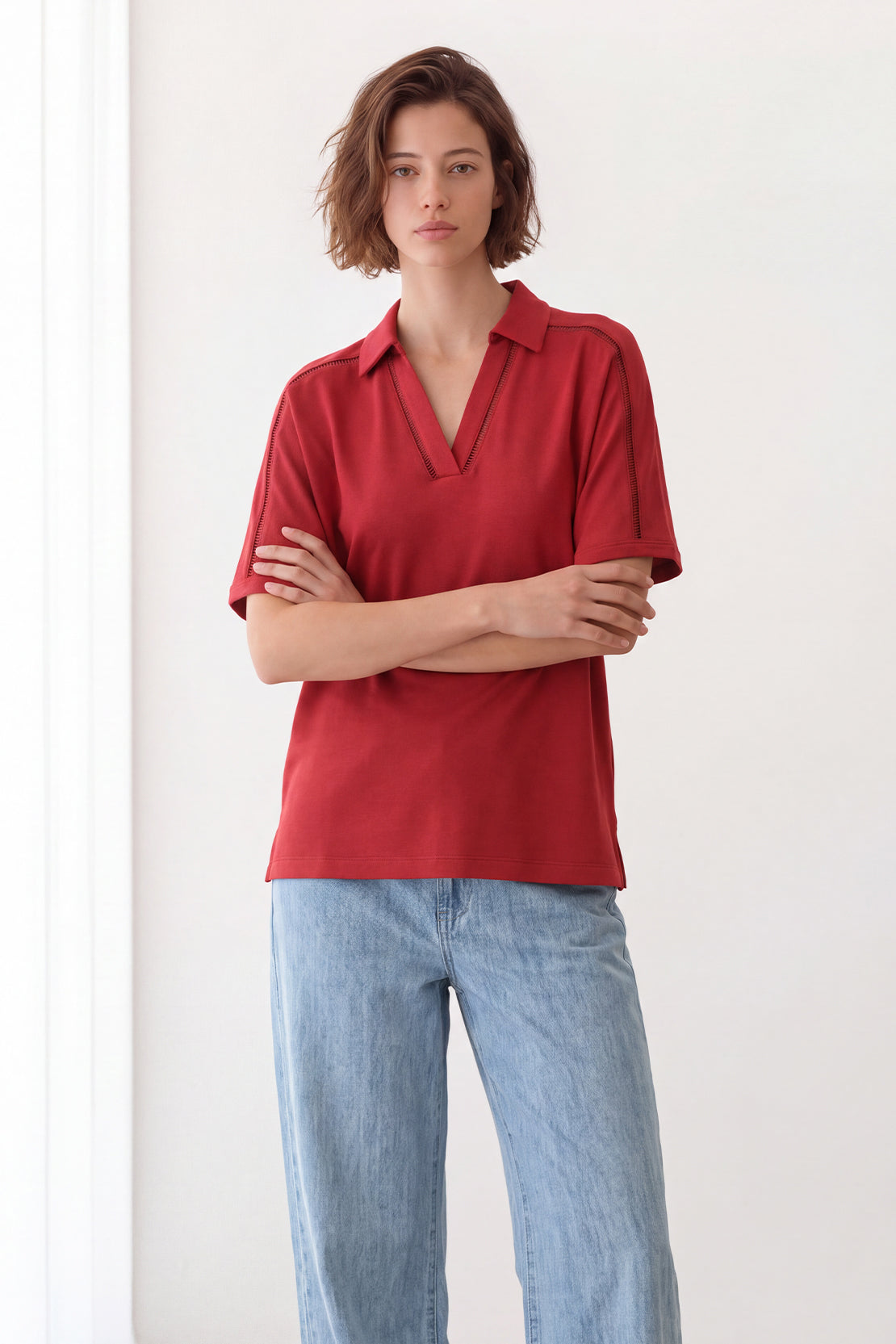 KOKO Modal Blend V-Neck Collared Shirt – Red