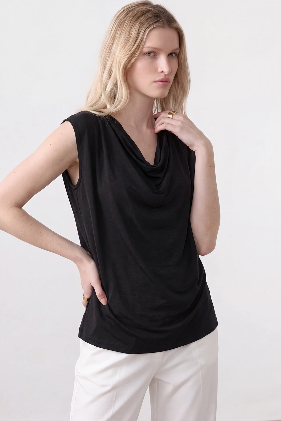 KOKO Silky Muslin Layered Cowl-Neck Top – Black
