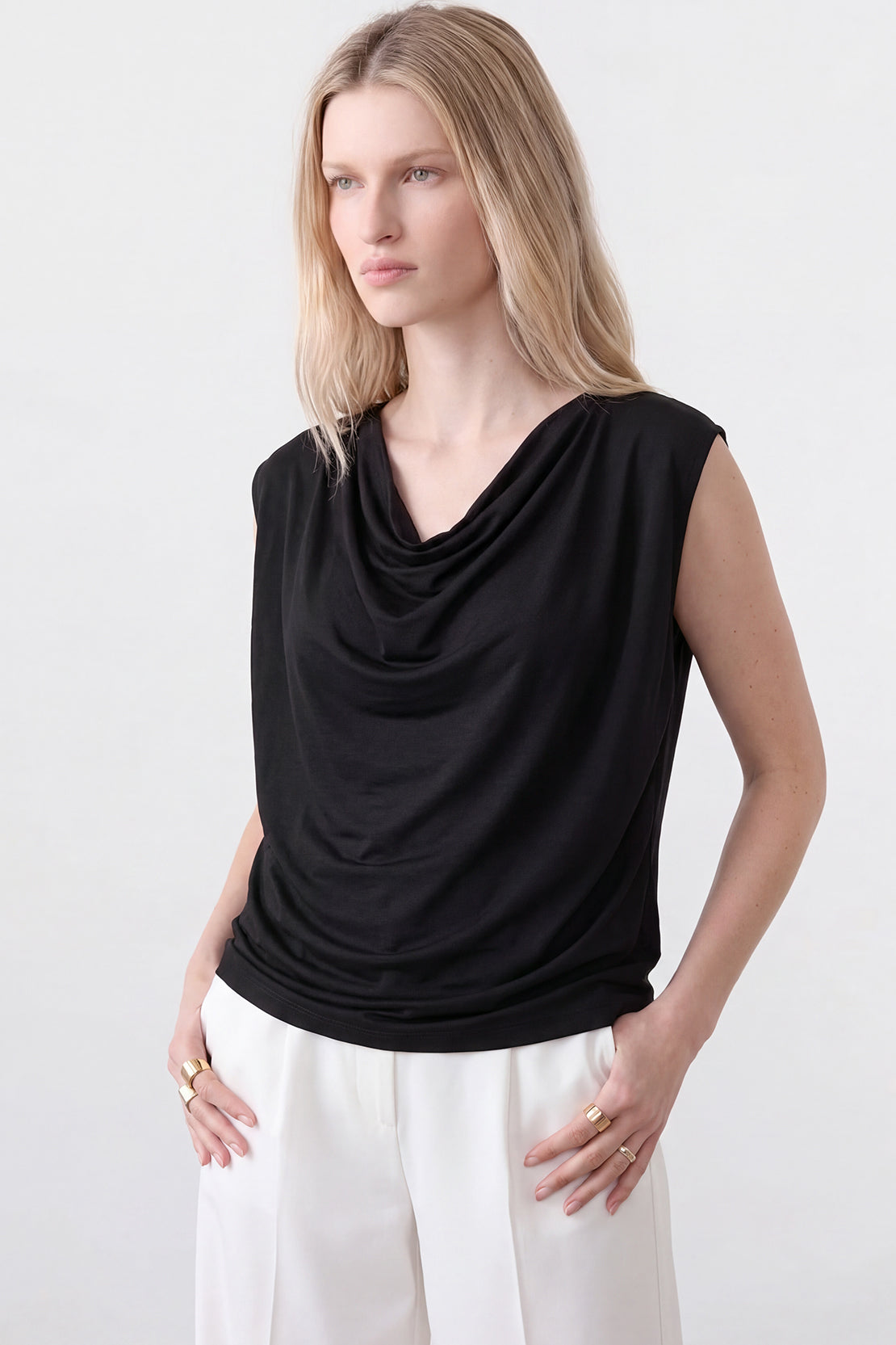 KOKO Silky Muslin Layered Cowl-Neck Top – Black