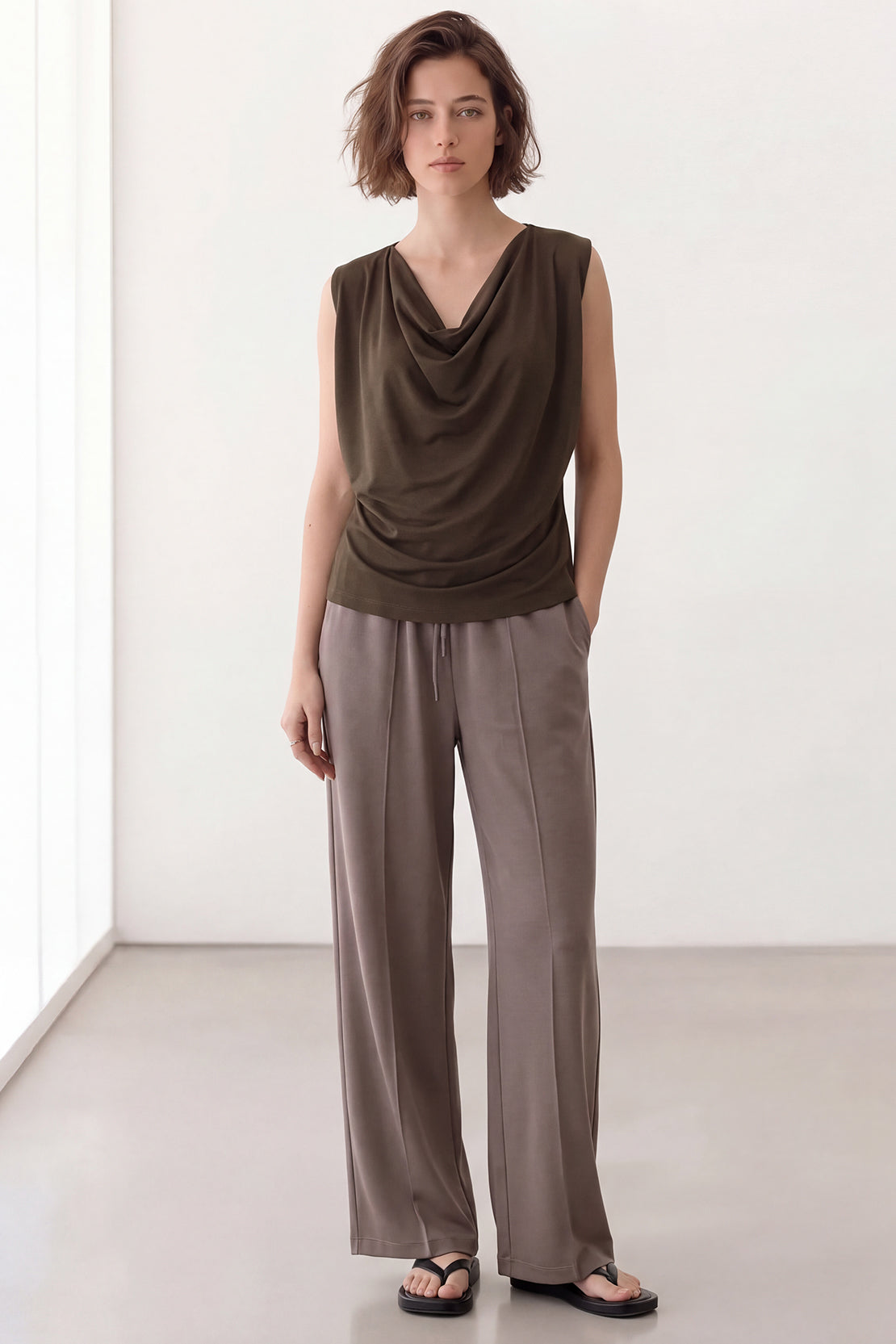 KOKO Silky Muslin Layered Cowl-Neck Top – Brown