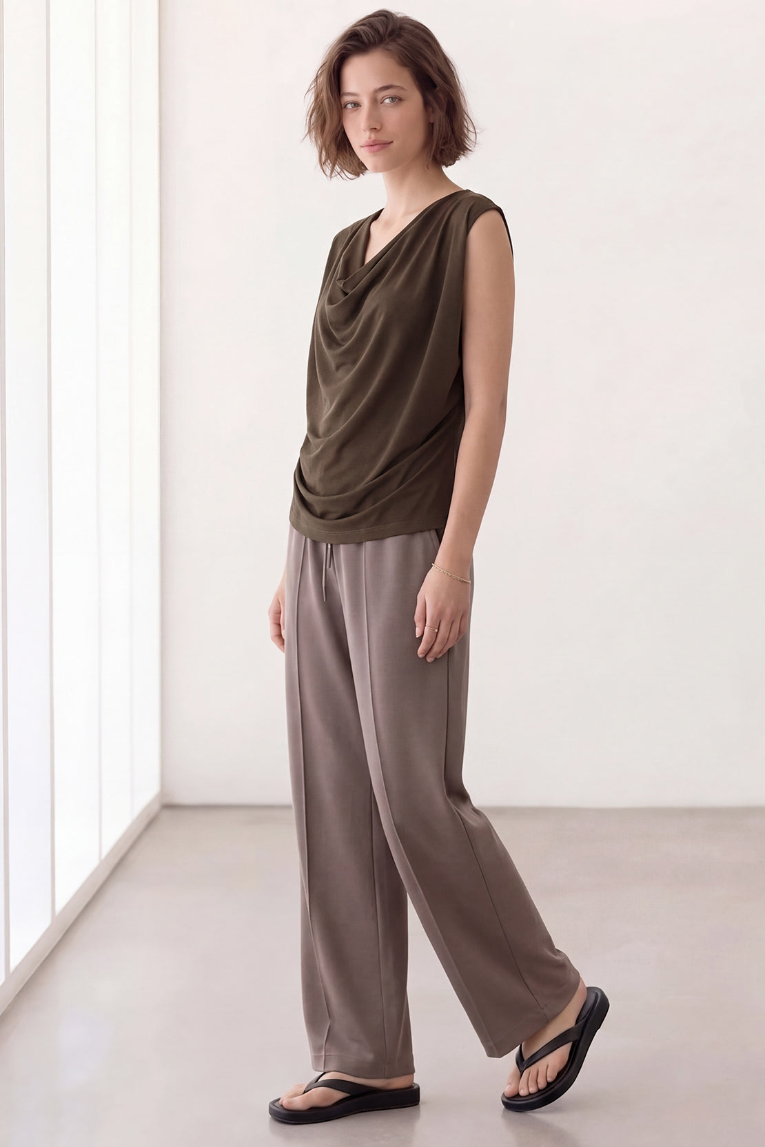KOKO Silky Muslin Layered Cowl-Neck Top – Brown