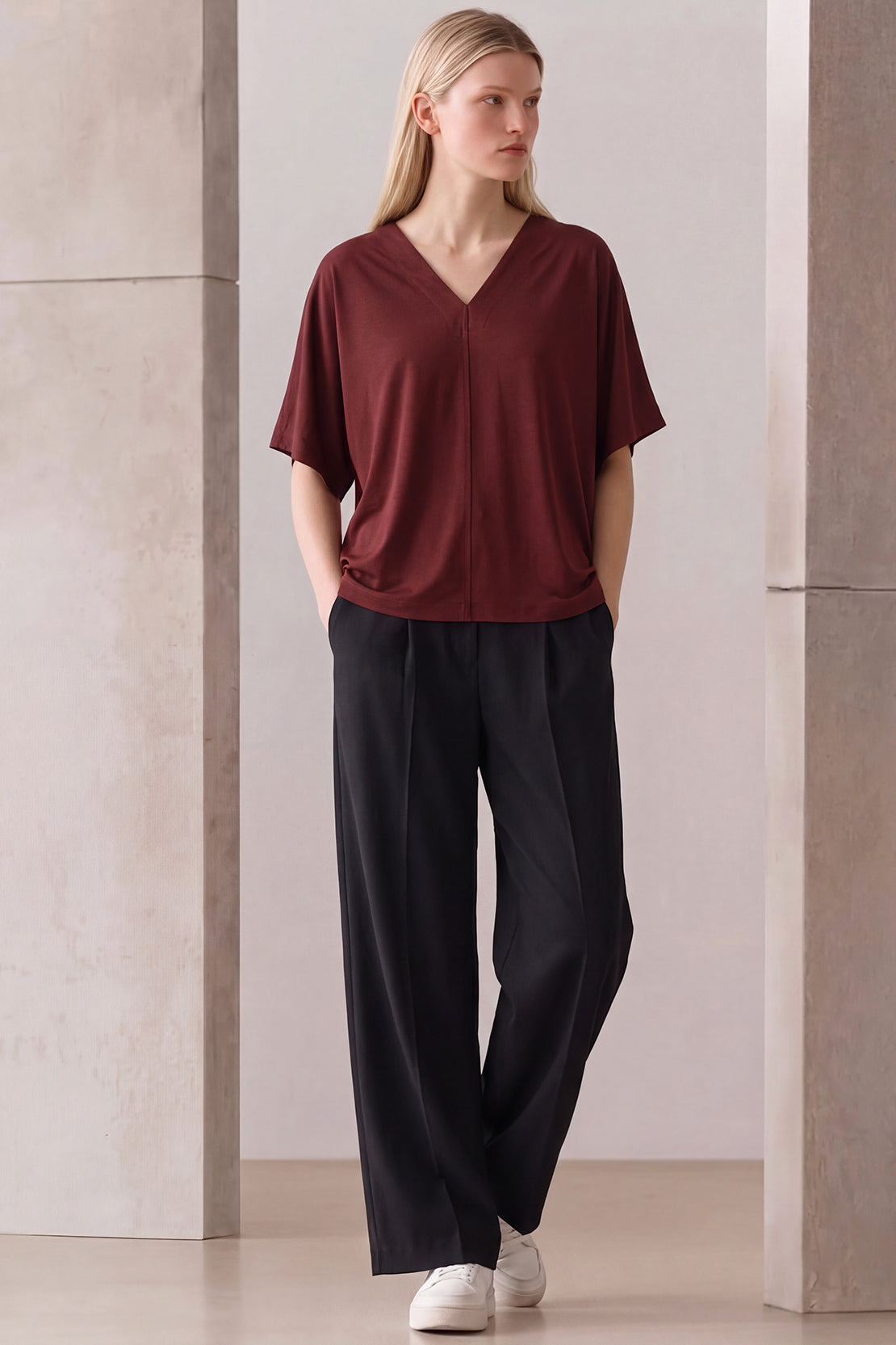 KOKO Silky Muslin Relaxed V-Neck Top – Cherry