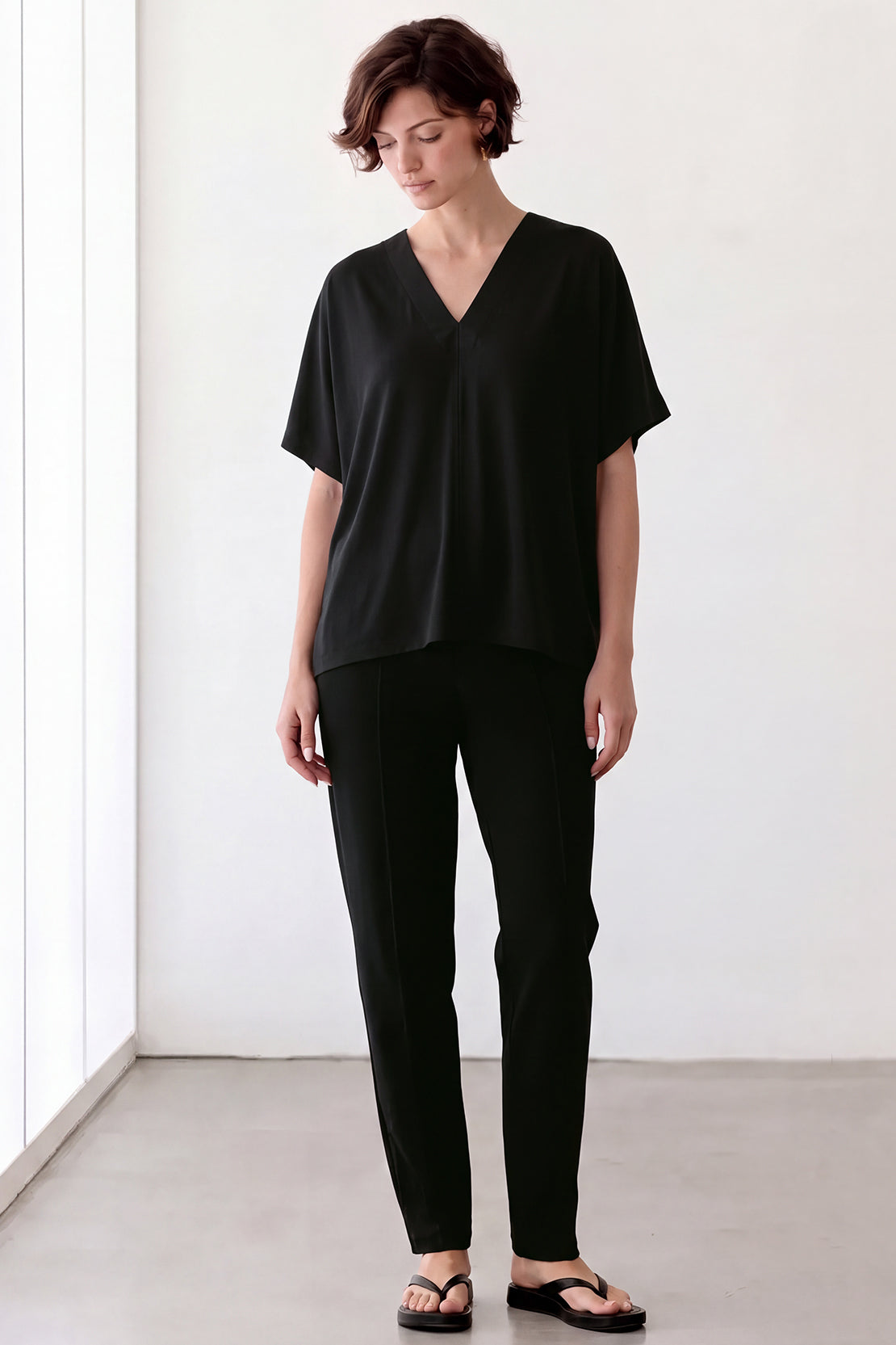 KOKO Silky Muslin Relaxed V-Neck Top – Black