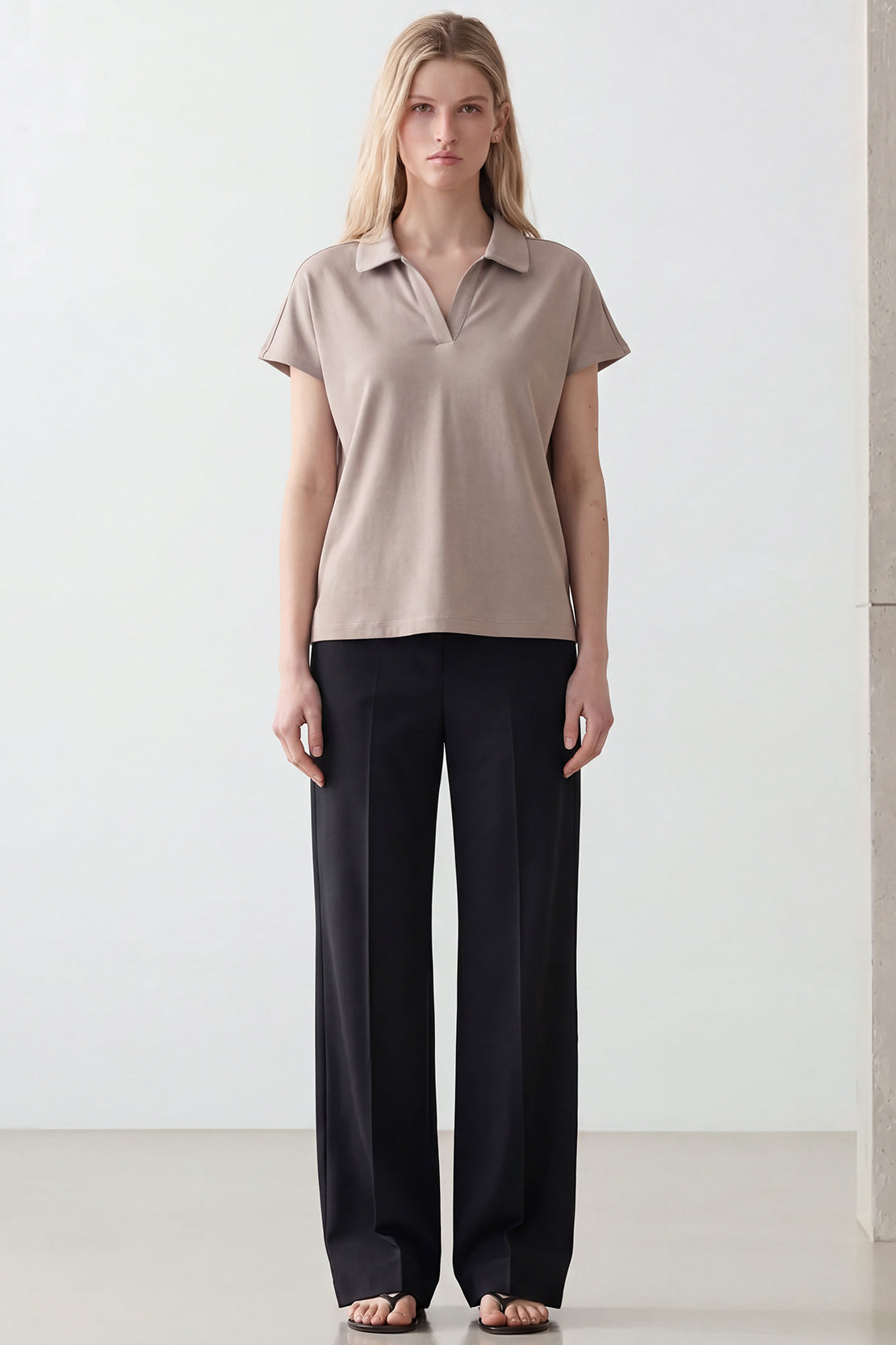 KOKO Feather Cotton Collared Top – Beige