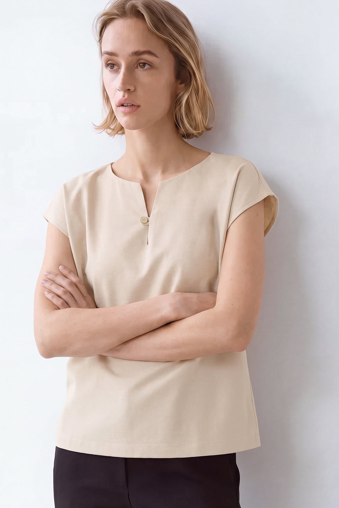 KOKO Silky Linen V-Neck Button Top