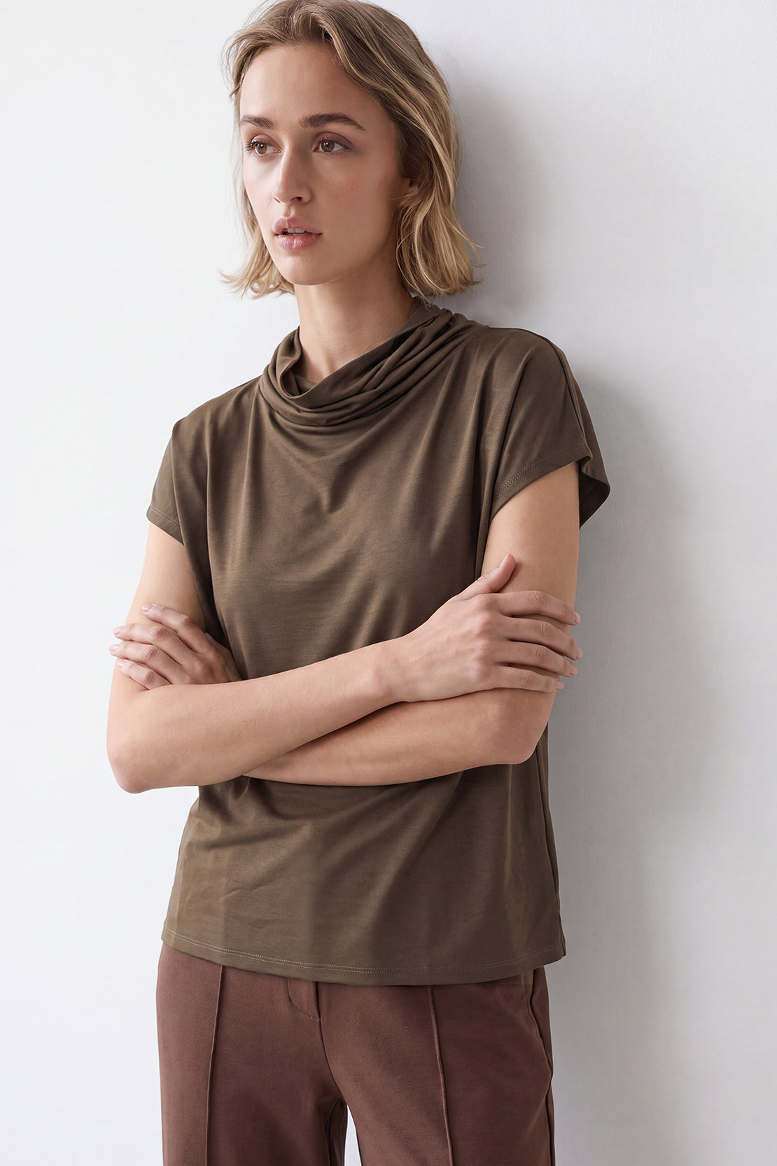 KOKO Silky Muslin Cowl-Neck Top – Taupe
