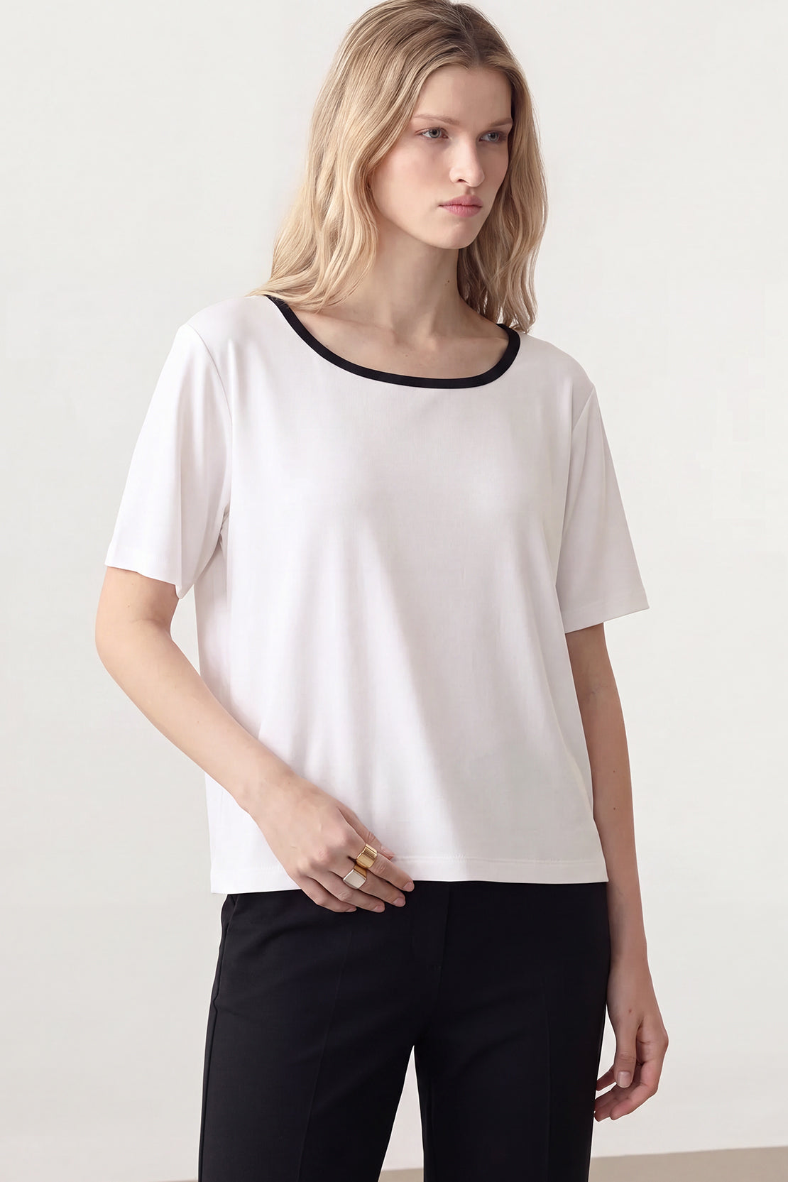KOKO Cupro Contrast Square Neck T-Shirt – White