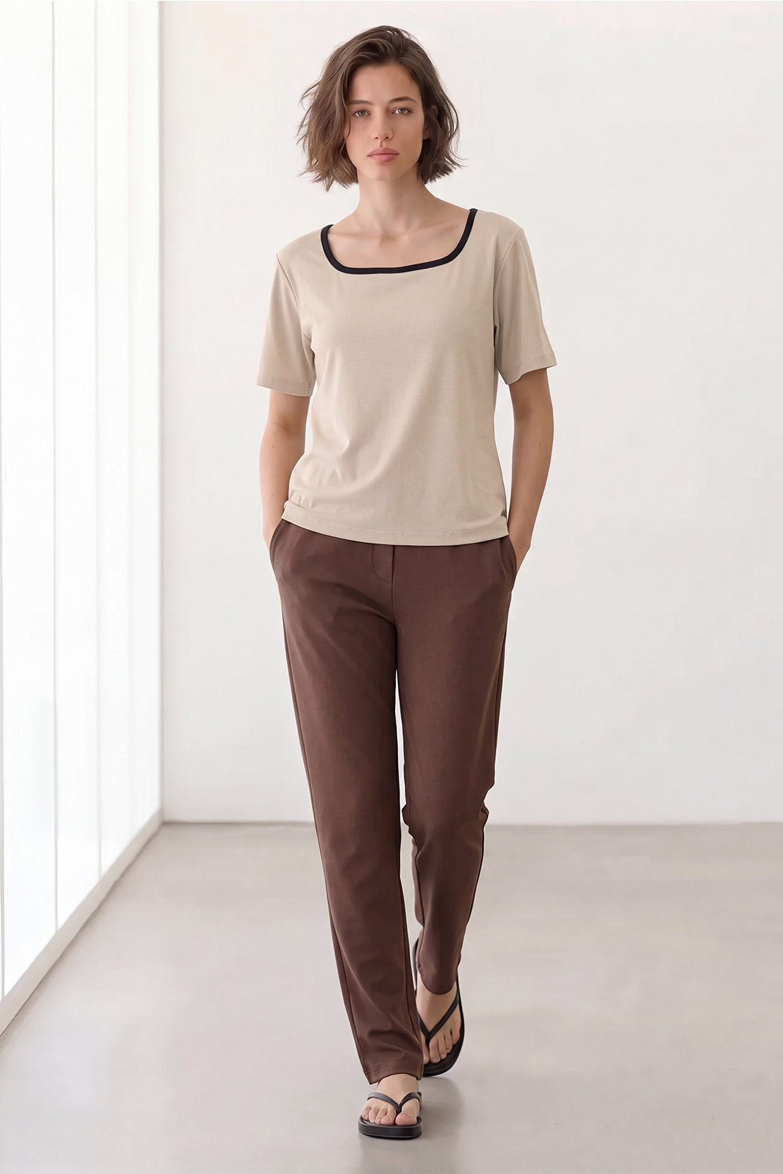 KOKO Cupro Contrast Square Neck T-Shirt – Beige