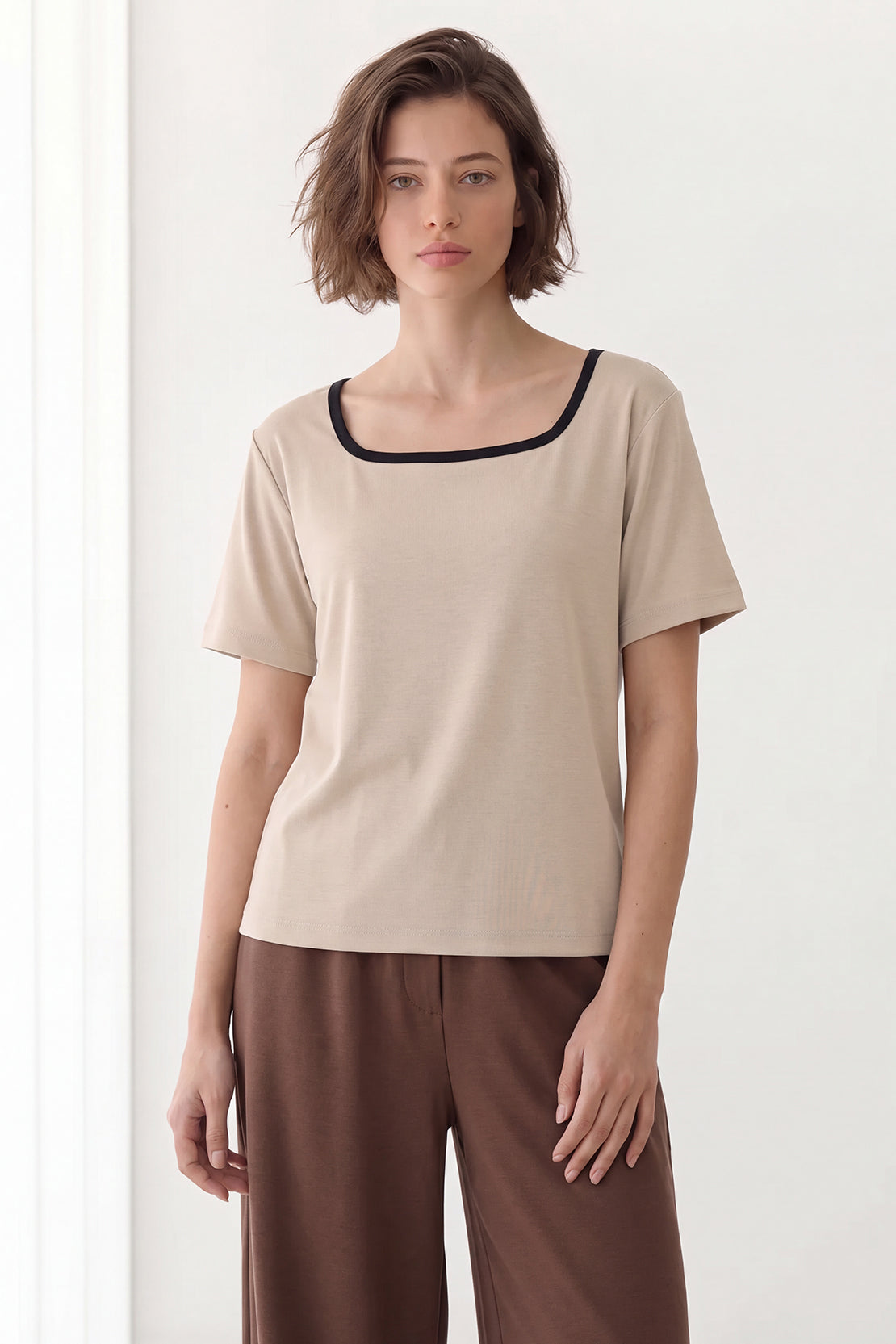KOKO Cupro Contrast Square Neck T-Shirt – Beige