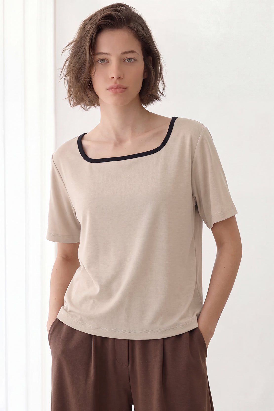 KOKO Cupro Contrast Square Neck T-Shirt – Beige