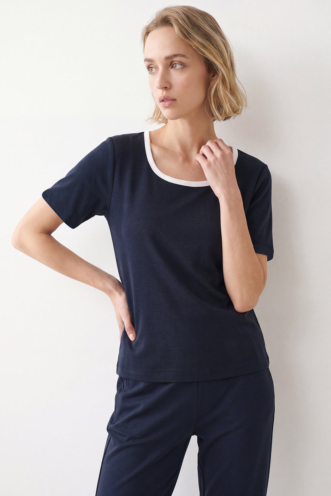 KOKO Cupro Contrast Square Neck T-Shirt – Navy
