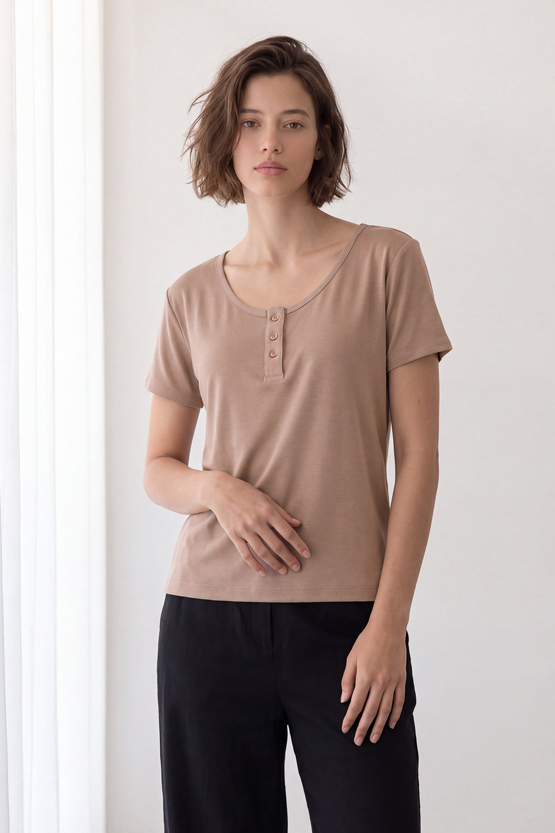 KOKO Cupro Buttoned T-Shirt – Taupe