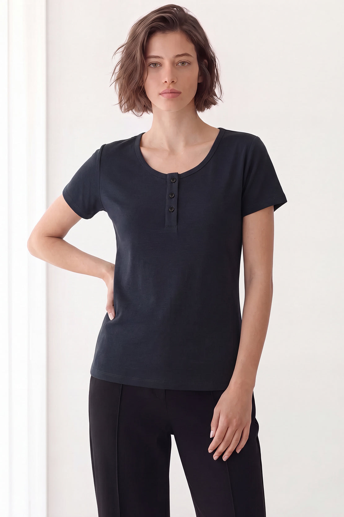 KOKO Cupro Buttoned T-Shirt – Navy