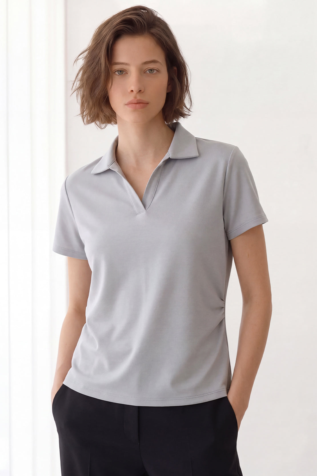 KOKO Modal Blend Collared Top – Soft Grey