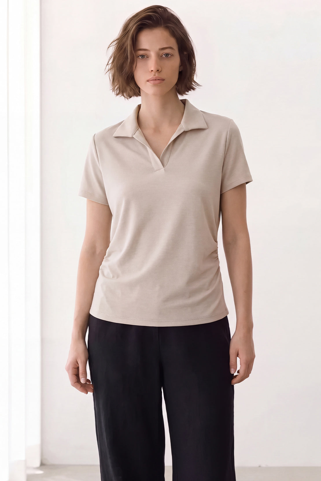 KOKO Modal Blend Collared Top – Soft Beige