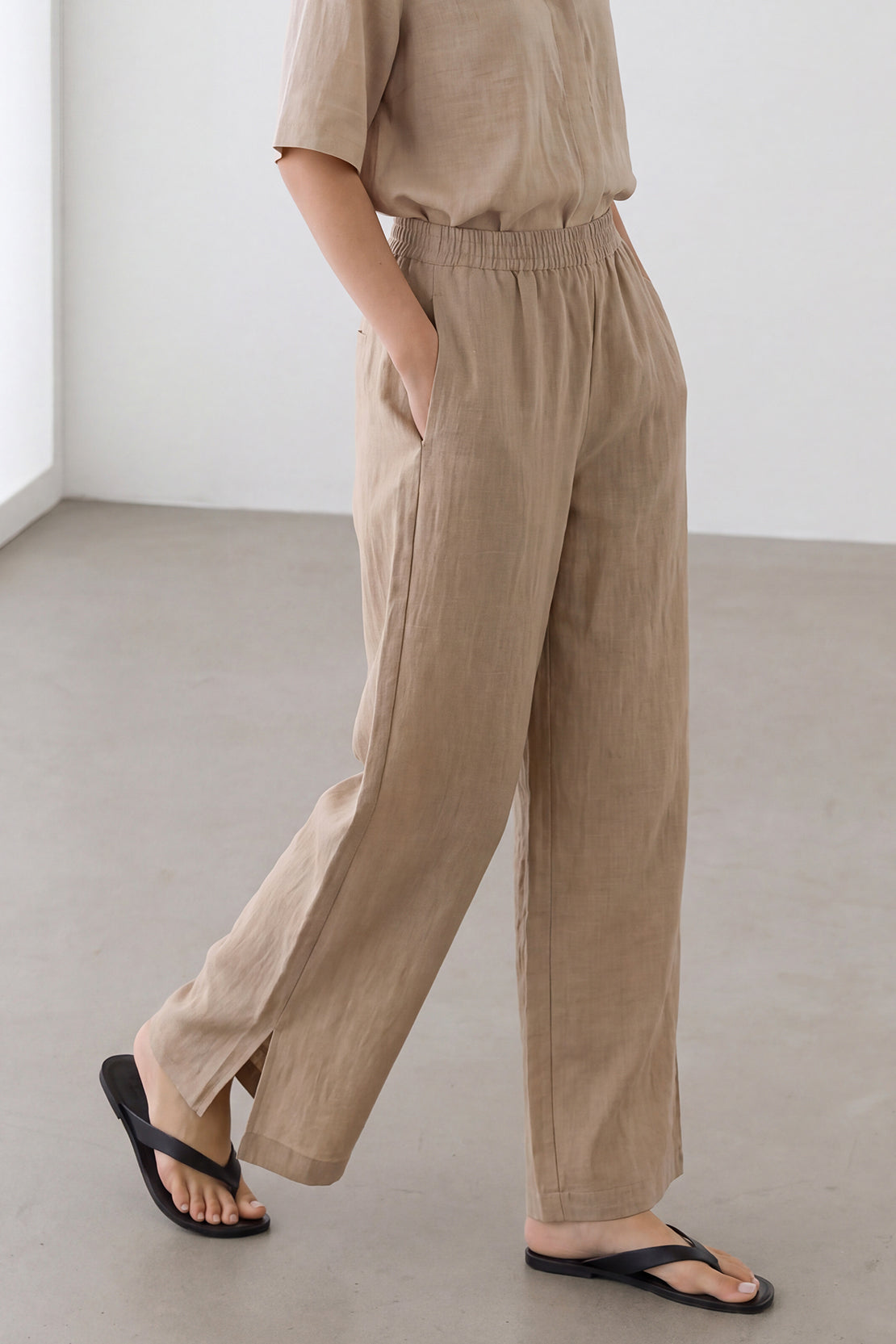 KOKO Pure Linen Straight-Fit Pants – Beige