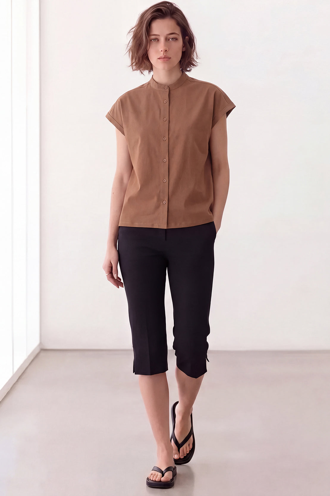 KOKO Premium Linen Band Collar Shirt – Coffee