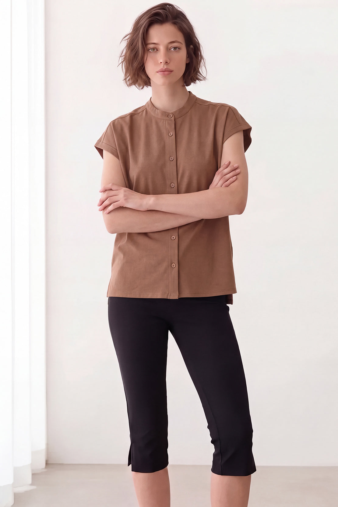 KOKO Premium Linen Band Collar Shirt – Coffee