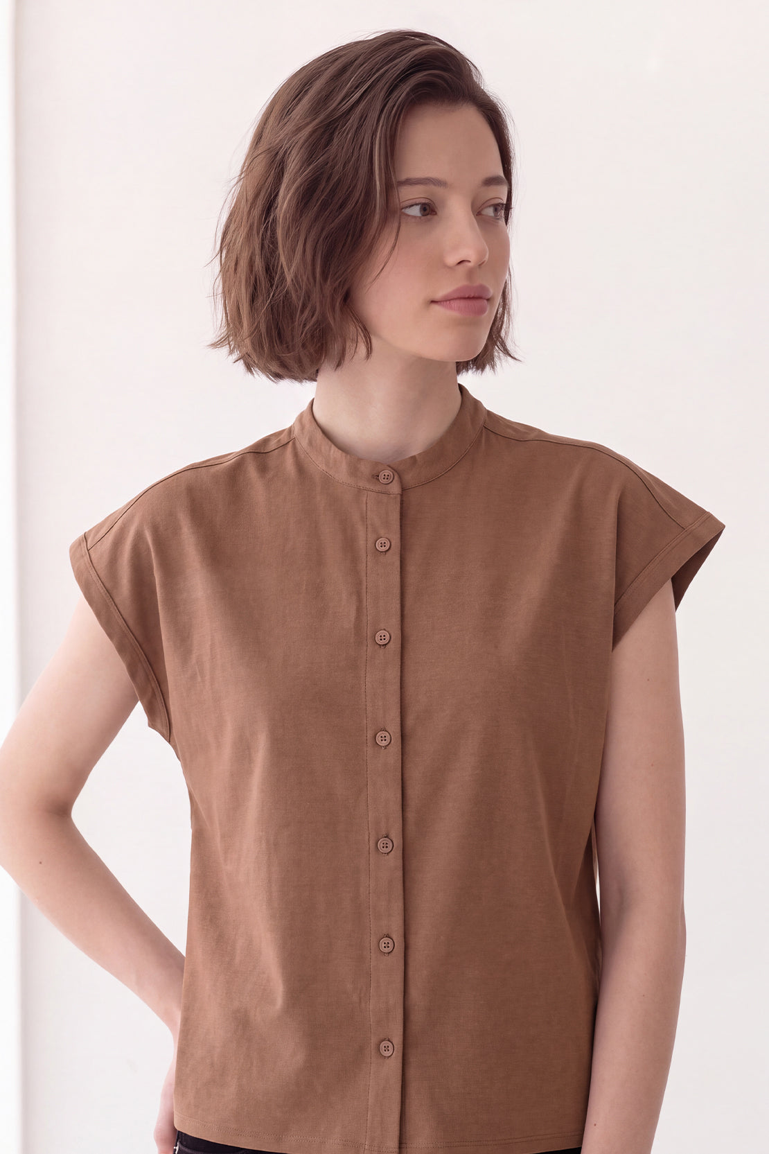 KOKO Premium Linen Band Collar Shirt – Coffee