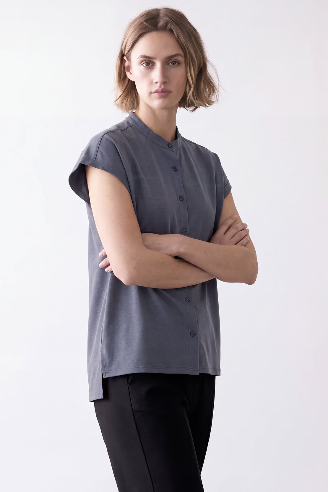 KOKO Premium Linen Band Collar Shirt – Smoke