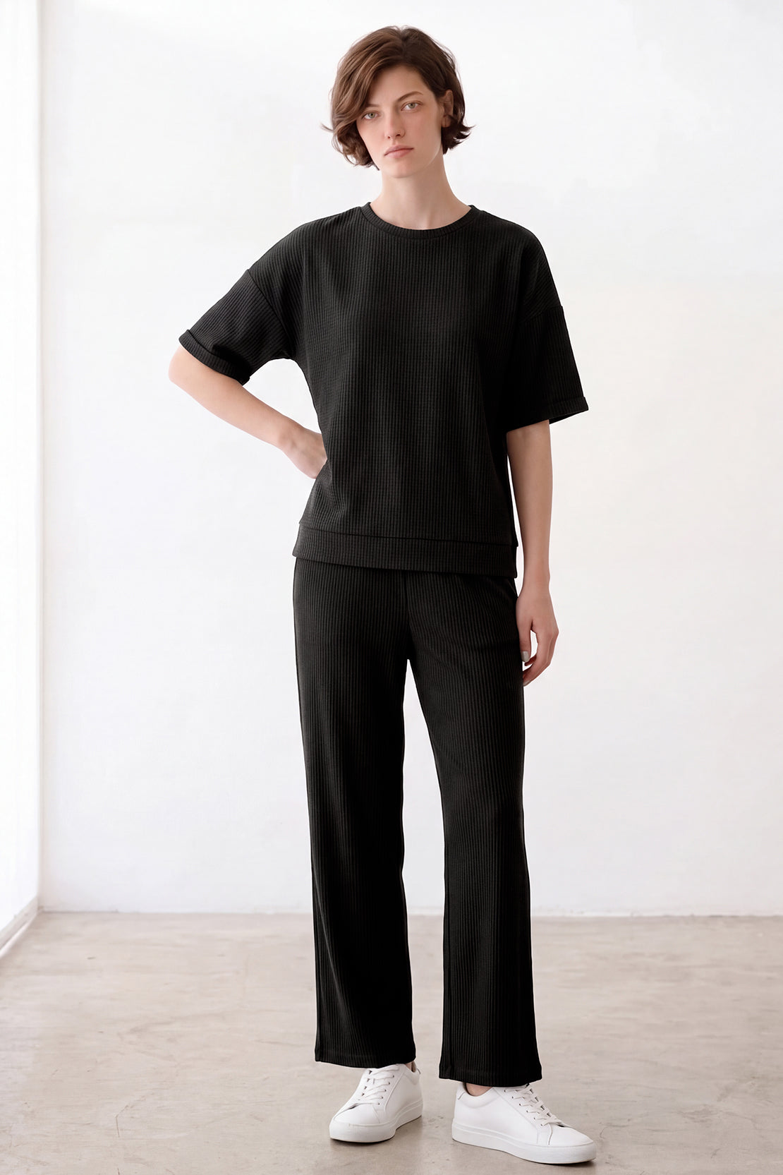 KOKO Structured Knit Drop Shoulder Top – Black