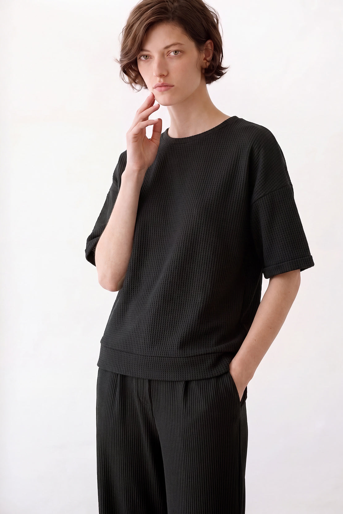 KOKO Structured Knit Drop Shoulder Top – Black