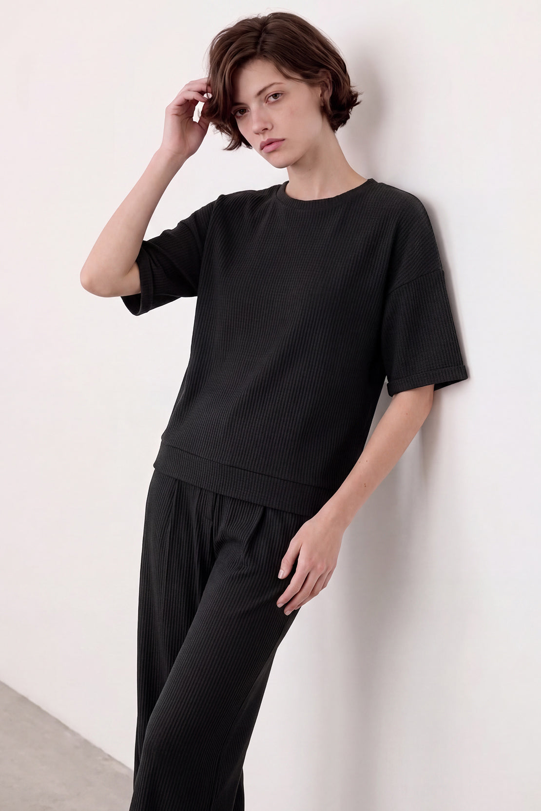 KOKO Structured Knit Drop Shoulder Top – Black