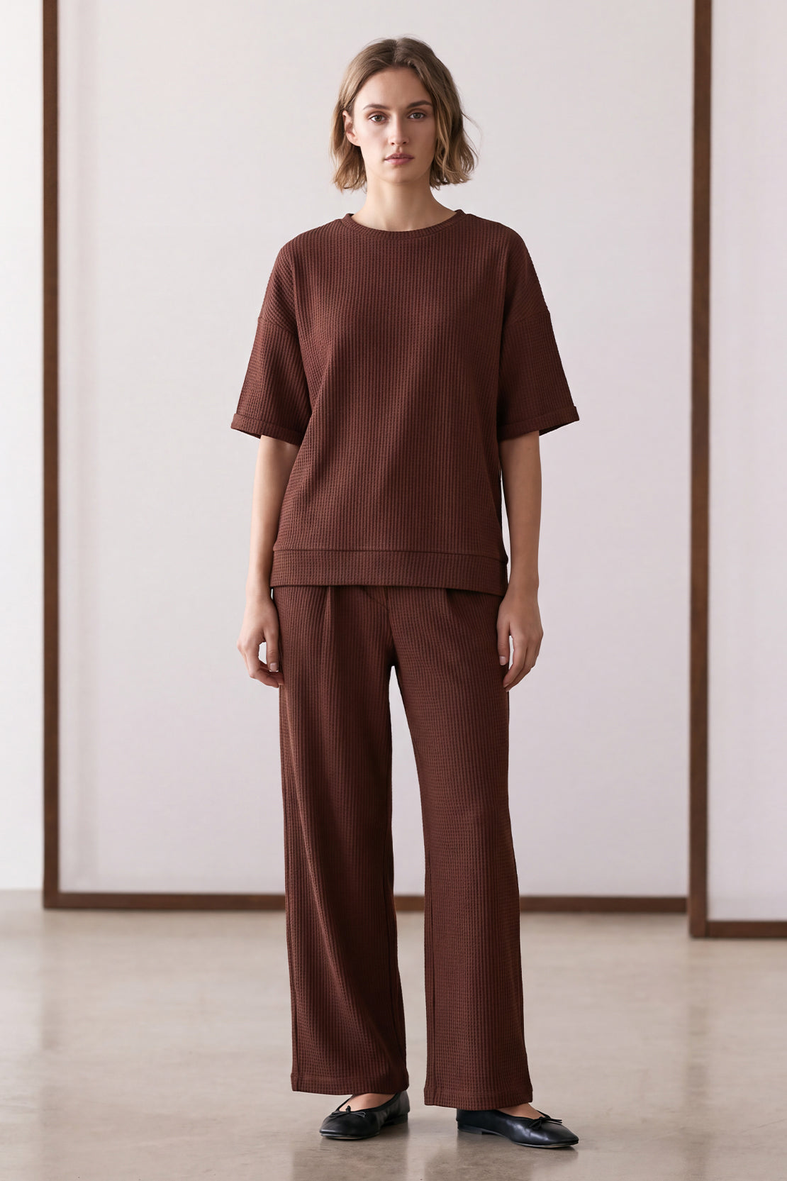 KOKO Structured Knit Drop Shoulder Top – Brown