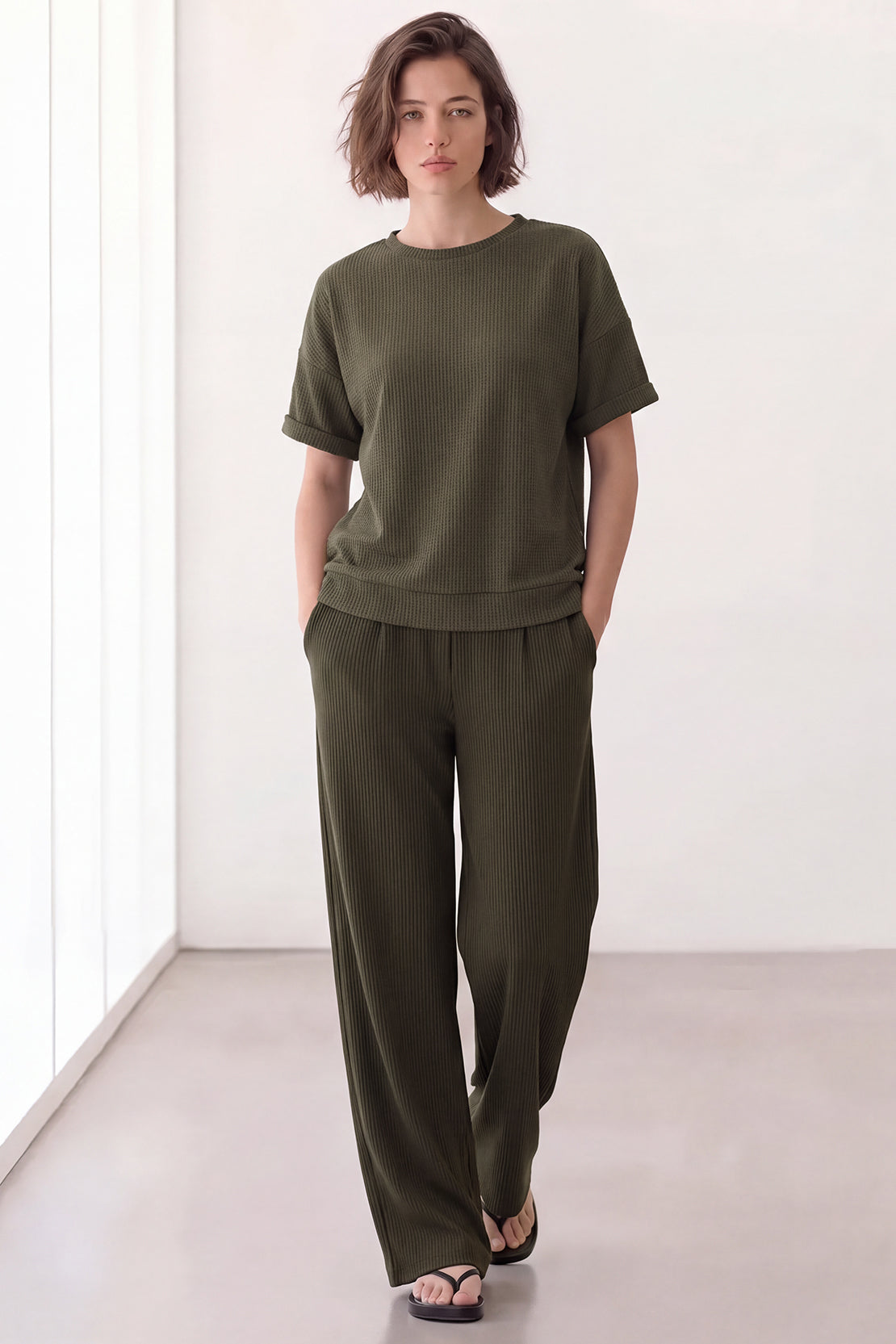 KOKO Structured Knit Drop Shoulder Top – Green