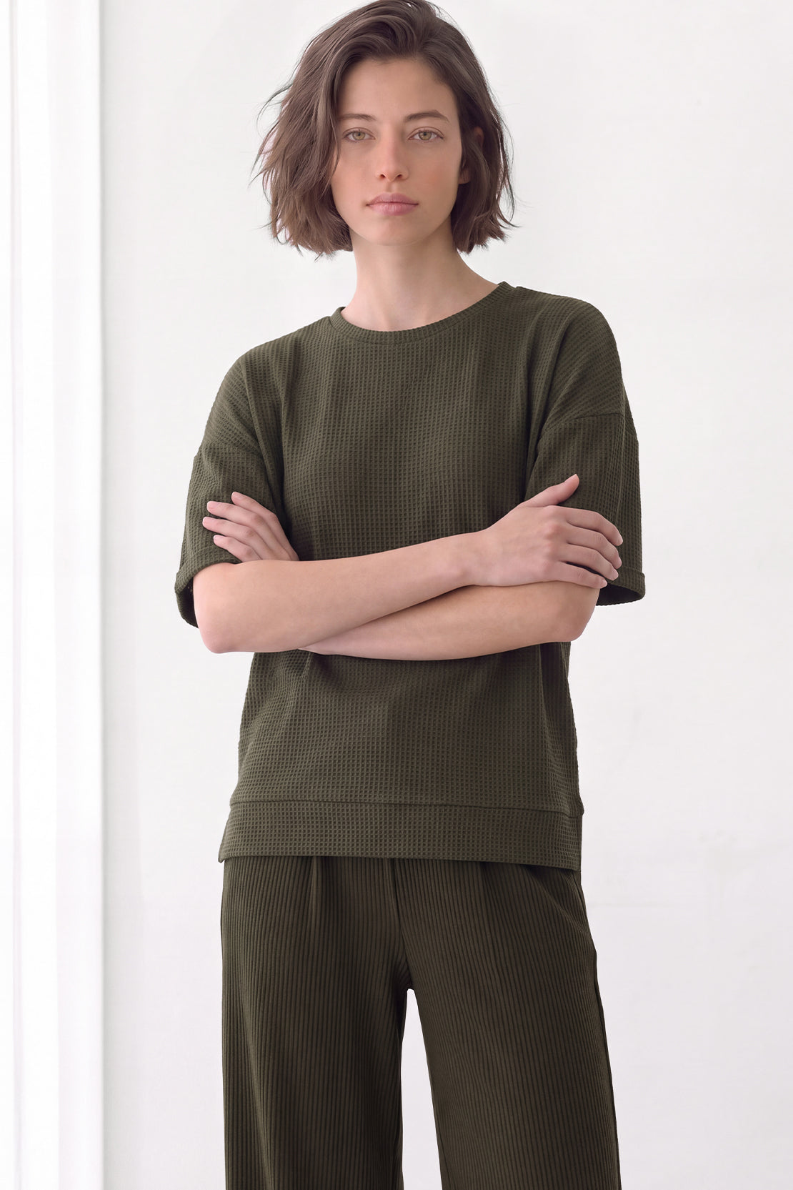 KOKO Structured Knit Drop Shoulder Top – Green