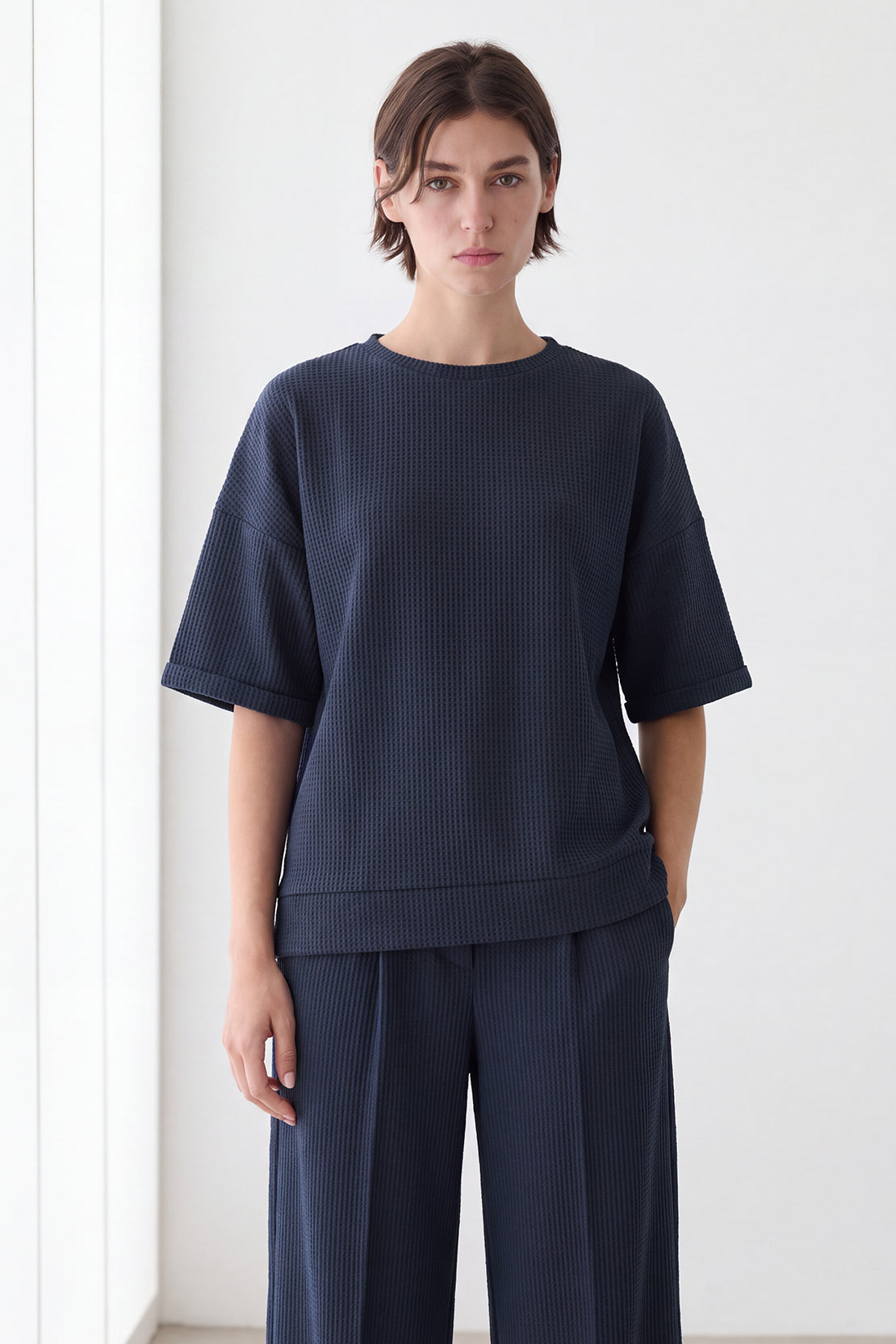 KOKO Structured Knit Drop Shoulder Top – Navy