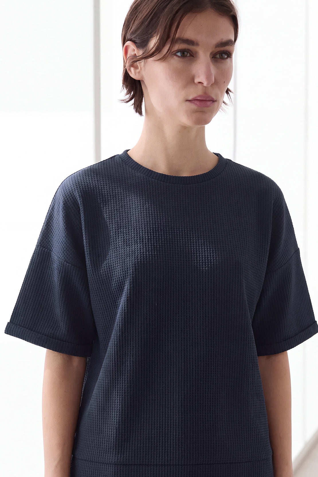 KOKO Structured Knit Drop Shoulder Top – Navy