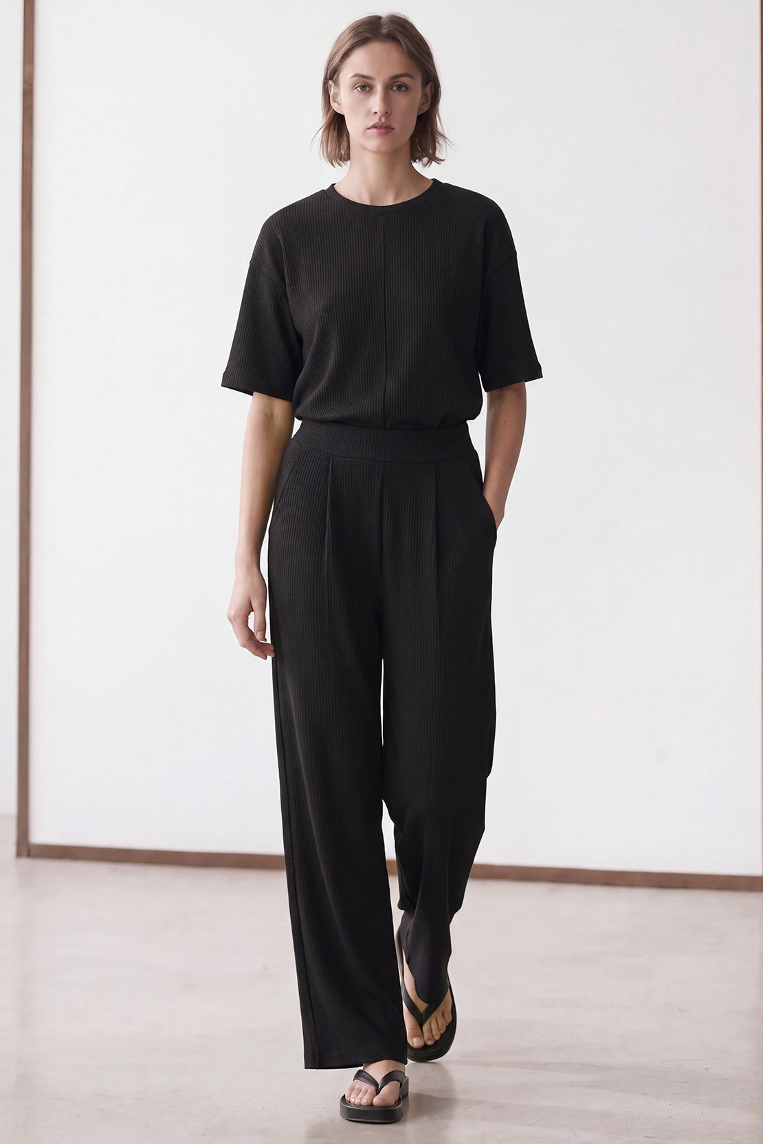 KOKO Structured Knit Pleated Straight Fit Pants – Black