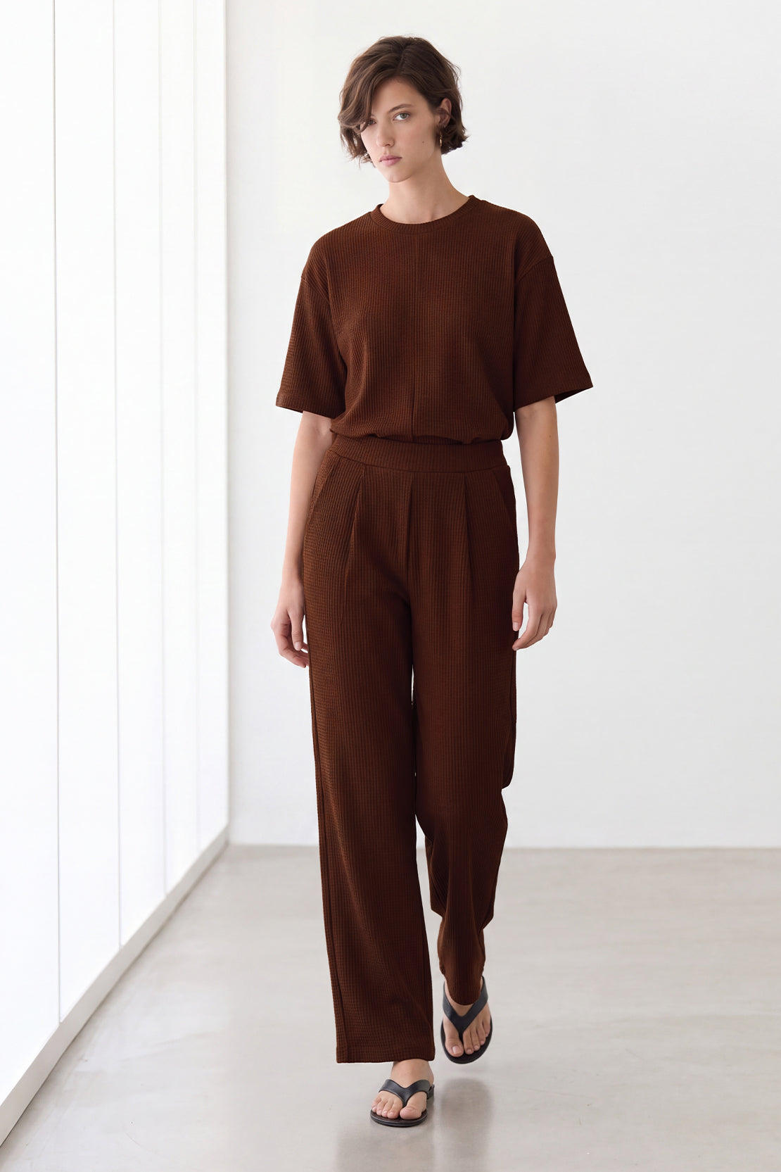 KOKO Structured Knit Pleated Straight Fit Pants – Brown