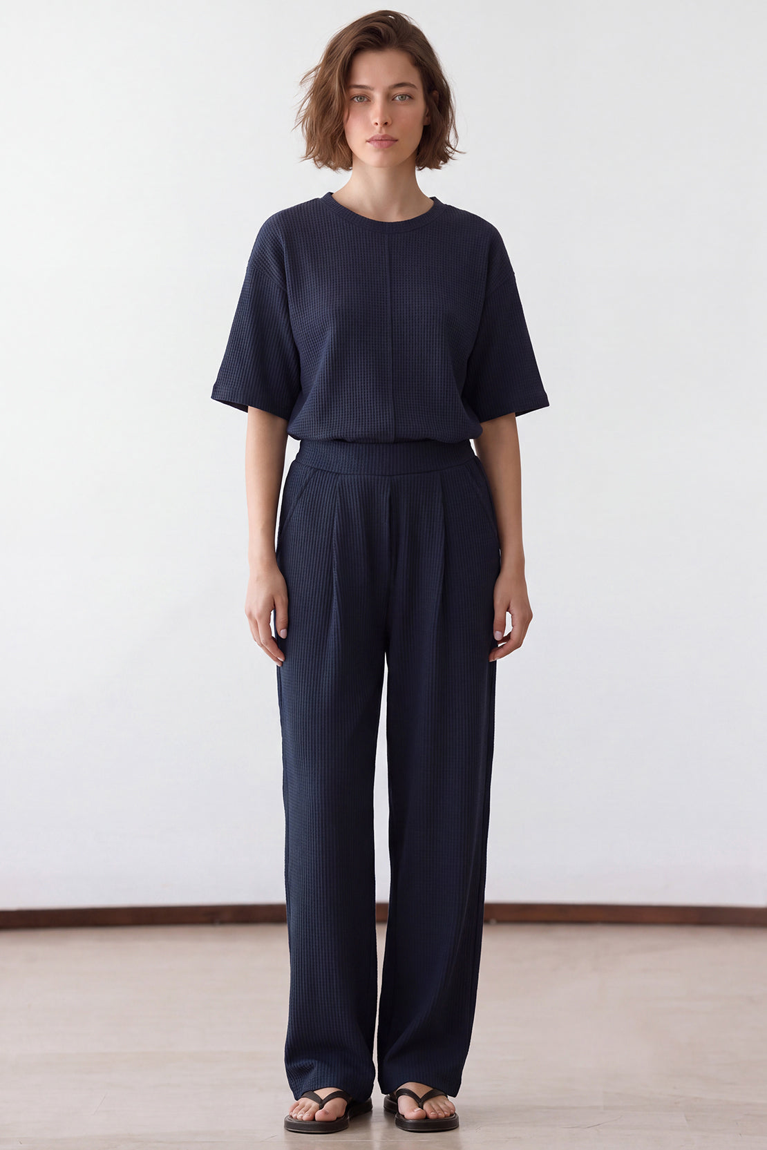 KOKO Structured Knit Pleated Straight Fit Pants – Navy