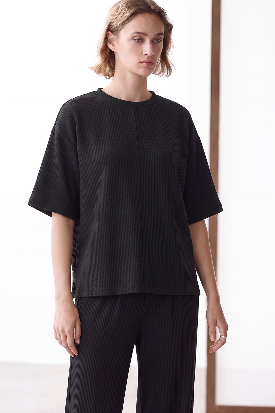 KOKO Structured Knit Drop Shoulder Top – Black