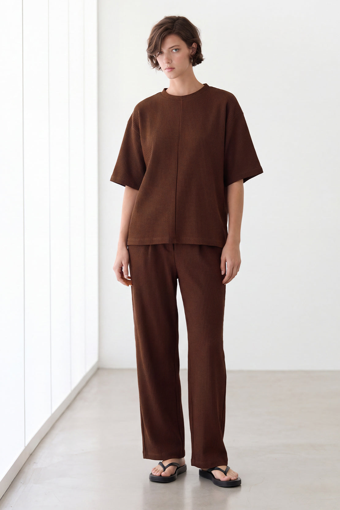 KOKO Structured Knit Drop Shoulder Top – Brown