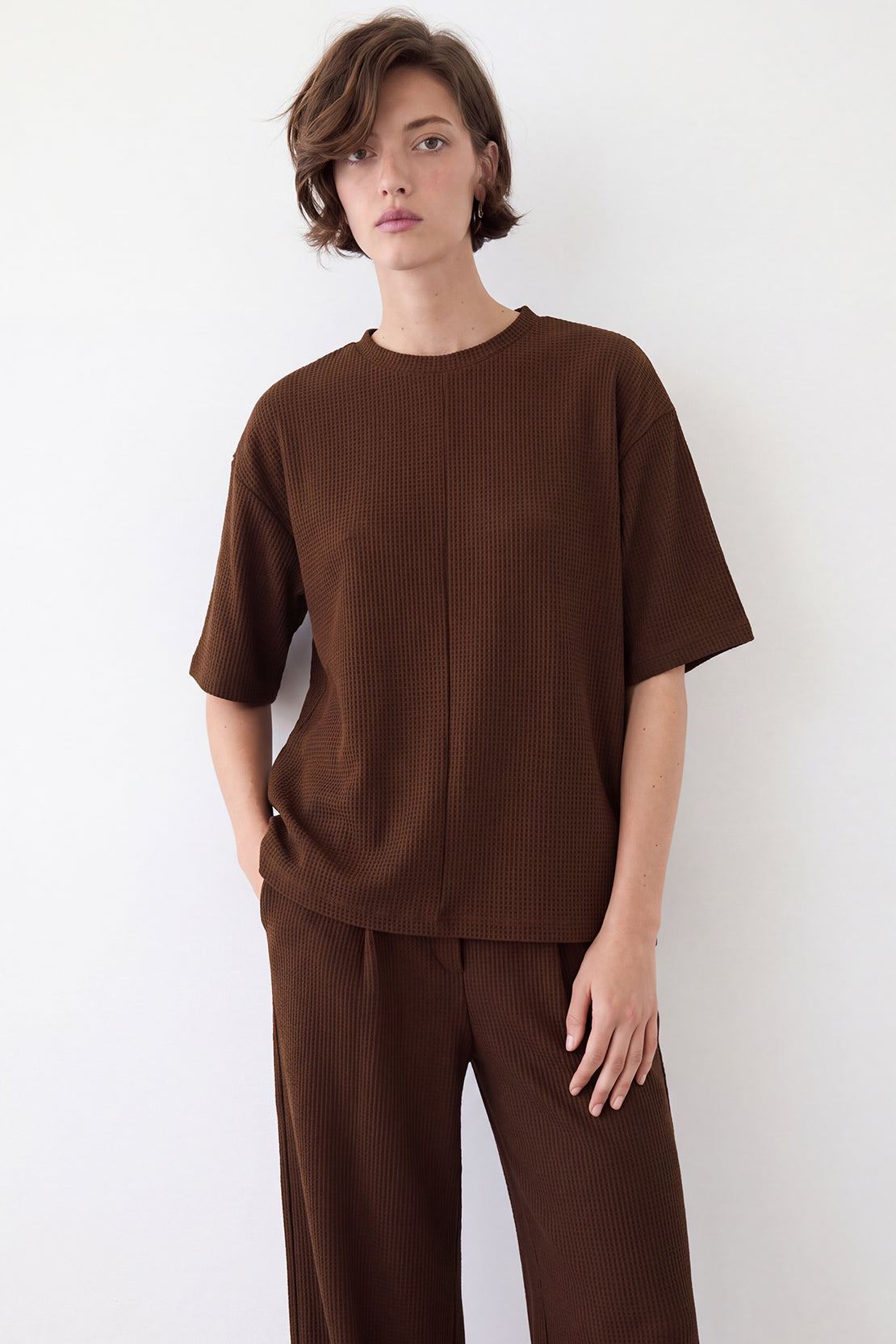 KOKO Structured Knit Drop Shoulder Top – Brown