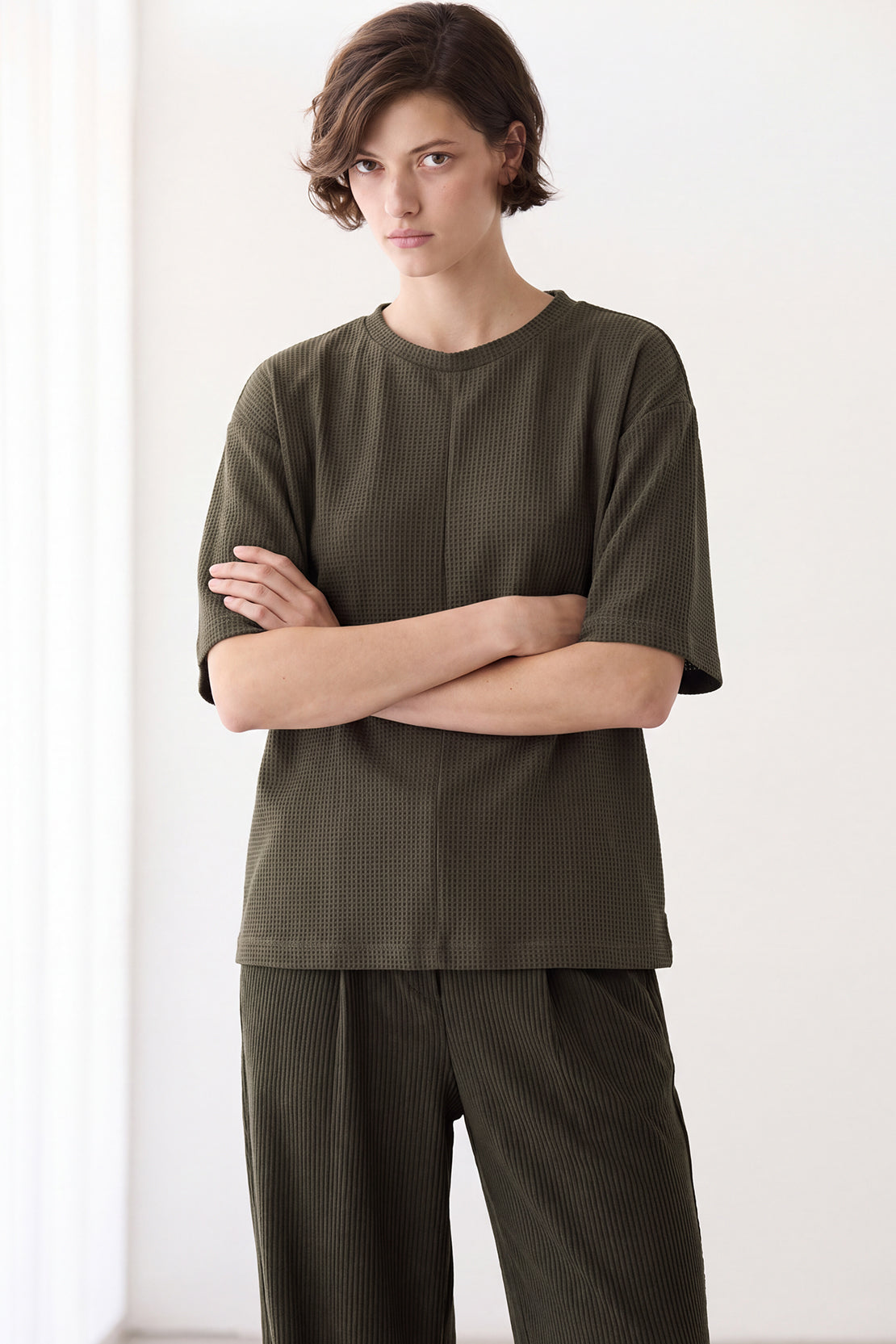 KOKO Structured Knit Drop Shoulder Top – Green
