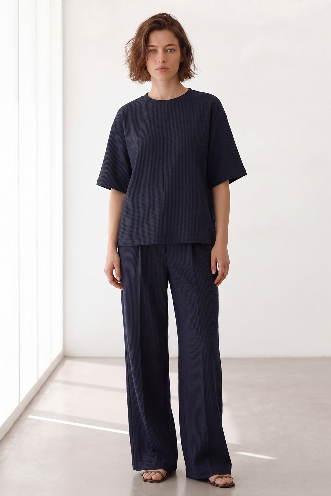 KOKO Structured Knit Drop Shoulder Top – Navy